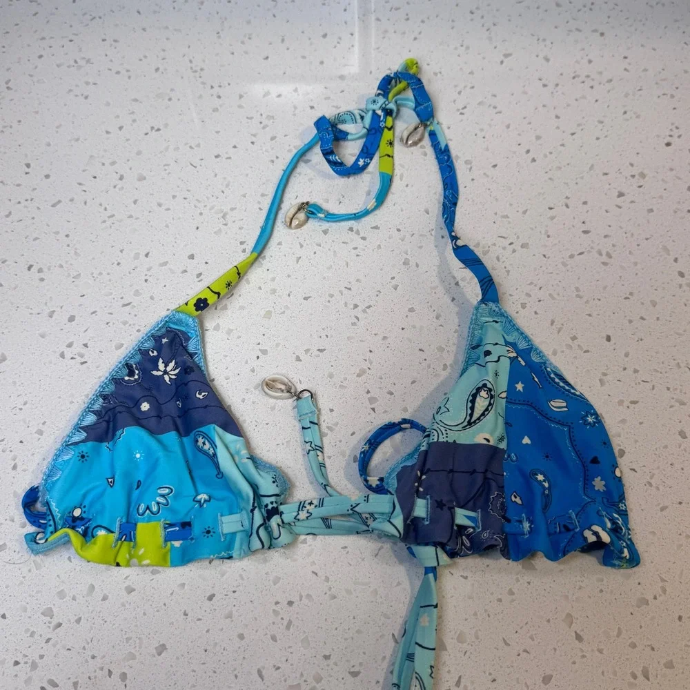 Aerie Real Good Blue Patchwork Paisley Triangle Bikini Top Cowrie Shells Small S